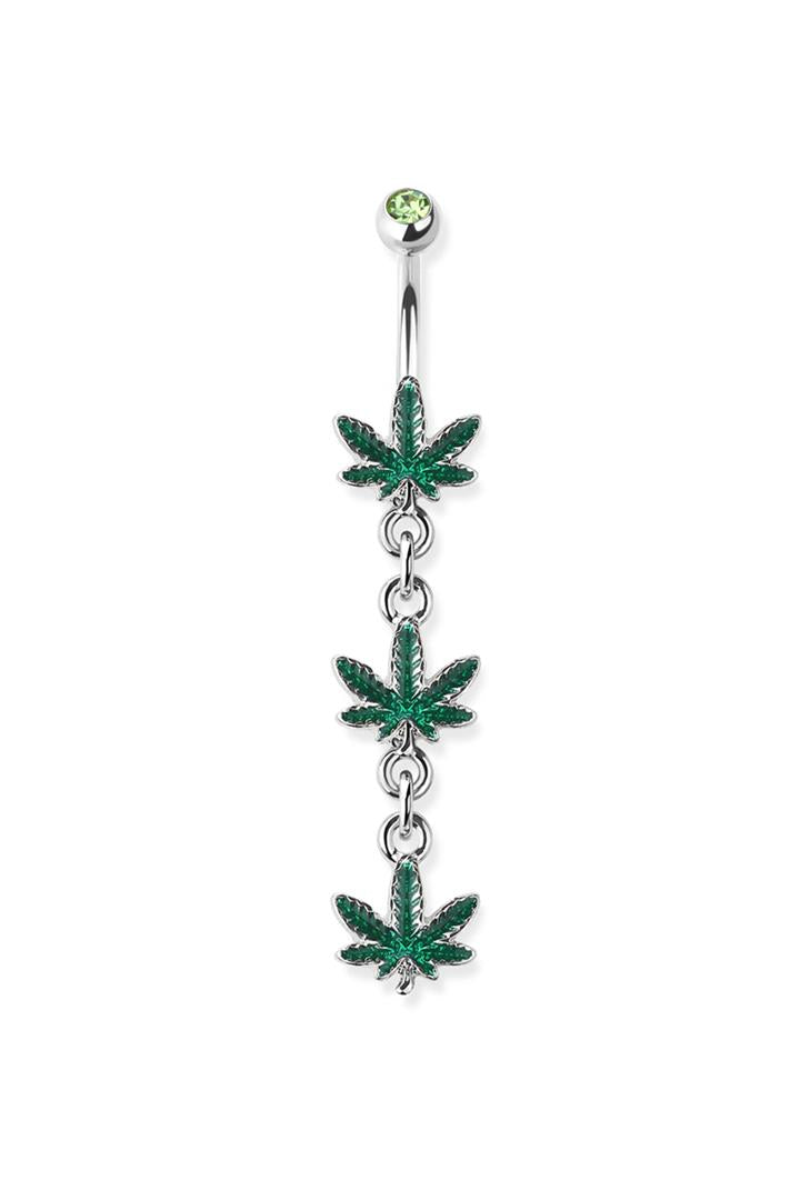 14G Surgical Steel Triple Marijuana Leaf Dangle 3/8" (10MM) Belly Ring